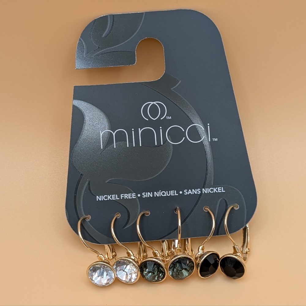 Minicci 3 Pairs of Gold-tone Leverback Earrings Black, Green & Clear Crystal NWT